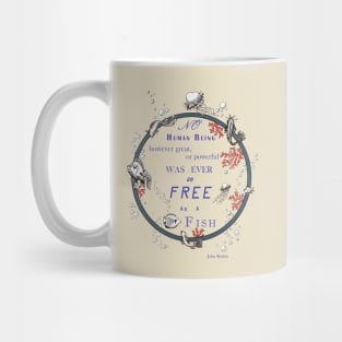 Inspirational quote from a Victorian philosopher on freedom and fish. Salmon, purple and grey design. Mug